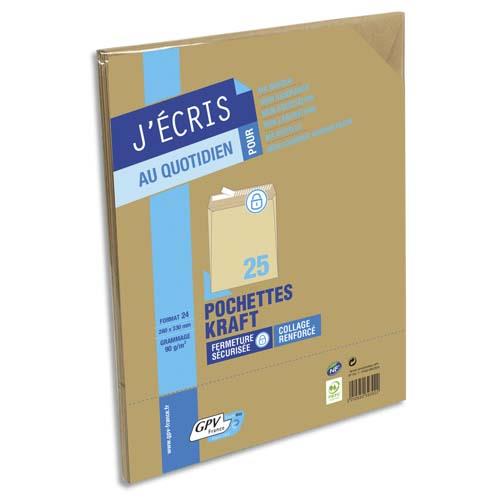 [145825] GPV Paquet de 25 pochettes kraft brun auto-adhésives 90g format 24 260 x 330 mm