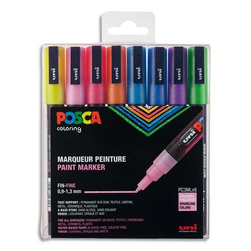 [146350] POSCA Coffret de 8 marqueurs peinture pailletés, pointe fine, couleurs assorties