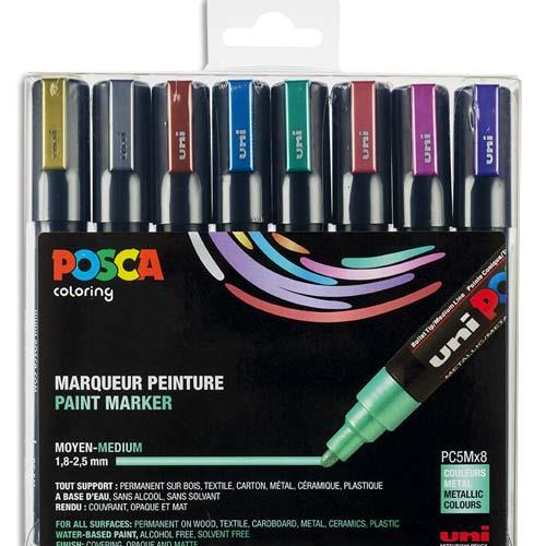 [146356] POSCA Coffret de 8 marqueurs peinture métallisés, pointe moyenne, couleurs assorties