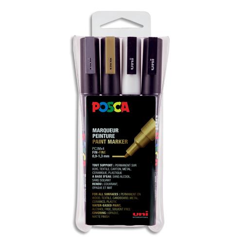 [382858] POSCA Pochette de 4 marqueurs POSCA. Pointe fine conique 0,9-1,3mm. Coloris : or, argent, noir, blanc