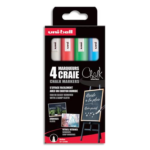 [443222] UNI-BALL Pochette 4 marqueurs craie CHALK. Pointe conique 1,8-2,5mm. Coloris Blanc,Vert Fluo,Rouge,Bleu
