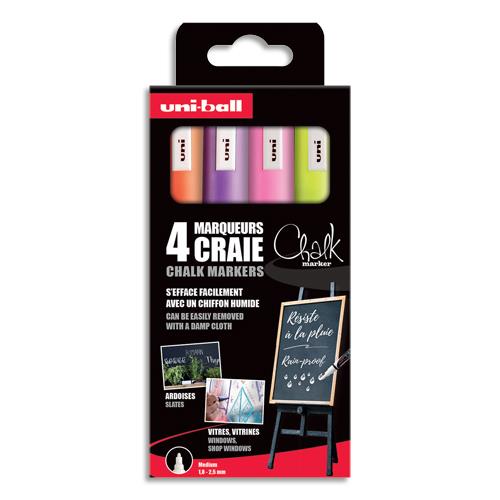 [443223] UNI-BALL Pochette 4 marqueurs craie CHALK. Pointe conique 1,8-2,5mm. Fluo : Jaune, Orange, Rose et violet