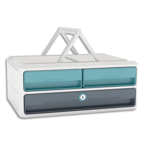 [446443] CEP Module MoovUp Secure 2 petits tiroirs + 1 grand tiroir. Caisson blanc et tiroir vert d'eau Gris Orage