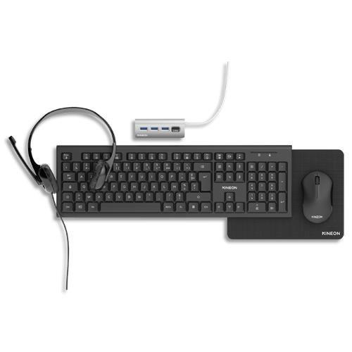 [446959] KINEON Pack de télétravail 5 en 1 contenant : souris, clavier, hub, tapis de souris et casque. (dont eco-taxe de 0,09 €)