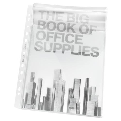 [447244] LEITZ Sachet de 5 pochettes perforées à soufflet A4 en PVC 18/100eme lisse avec rabat.Coloris transparent
