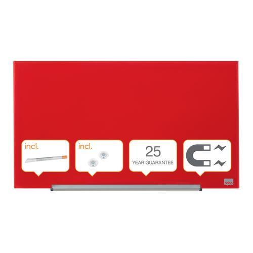 [447374] NOBO Tableau magnétique en verre. Widescreen 677 x 381 mm. Coloris rouge. Surface garantie 25 ans (dont eco-taxe mobilier de 0,68 €)