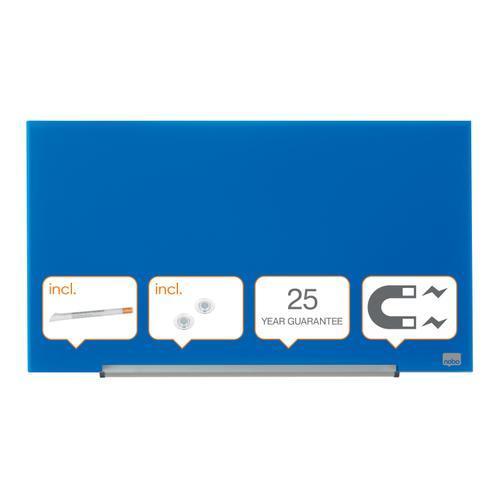 [447375] NOBO Tableau magnétique en verre. Widescreen 677 x 381 mm. Coloris bleu. Surface garantie 25 ans (dont eco-taxe mobilier de 0,68 €)