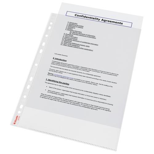 [447689] ESSELTE Sachet de 100 pochettes perforées A4 en polypropylène 6/100eme lisse. Coloris transparent