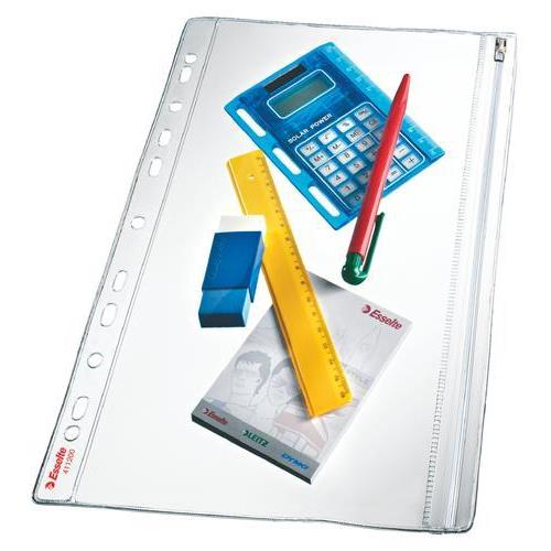 [447705] ESSELTE Sachet de 5 pochettes perforées A4 en PVC 20/100eme lisse avec fermeture zip