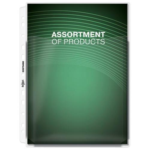 [447719] REXEL Sachet de 5 pochettes perforées A4 en PVC 18/100eme avec rabat et soufflet. Coloris transparent