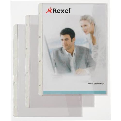 [447721] HETZEL Sachet de 5 pochettes perforées A4+ en PVC 13/100eme à rabat latéral vertical. Coloris transparent