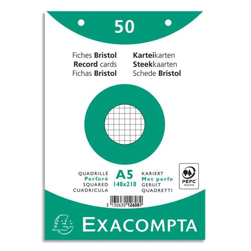[449306] EXACOMPTA Sachet de 50 fiches bristol (sous-film) perforées 148x210mm (A5) quadrillées 5x5 Blanc
