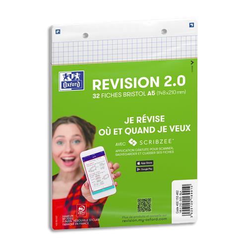 [449427] OXFORD Sachet de 32 fiches BRISTOL REVISION OXFORD 2.0 perforées A5 250g 5x5 Blanc
