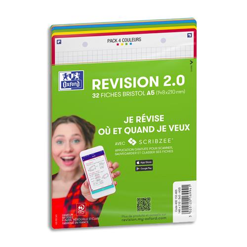 [449430] OXFORD Sachet de 32 fiches BRISTOL REVISION OXFORD 2.0 perforées A5 250g 5x5 Assortis