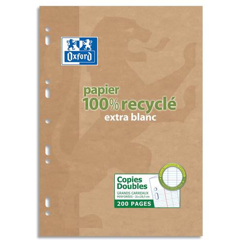 [449435] OXFORD Etui 200 copies doubles recyclées 90g perforées blanches format 21x29,7cm grands carreaux Seyès