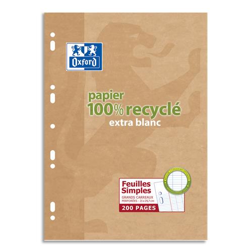 [449438] OXFORD Etui 200 copies simples recyclées 90g perforées blanches format 21x29,7cm grands carreaux Seyès