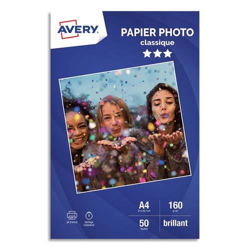 [449490] AVERY Boîte de 50 feuilles de papier photo brillant A4, Jet d'encre, 160 g