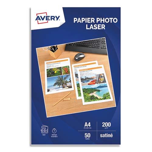 [449493] AVERY Boîte de 50 feuilles de papier photo brillant A4, Laser, 200 g. Impression recto-verso