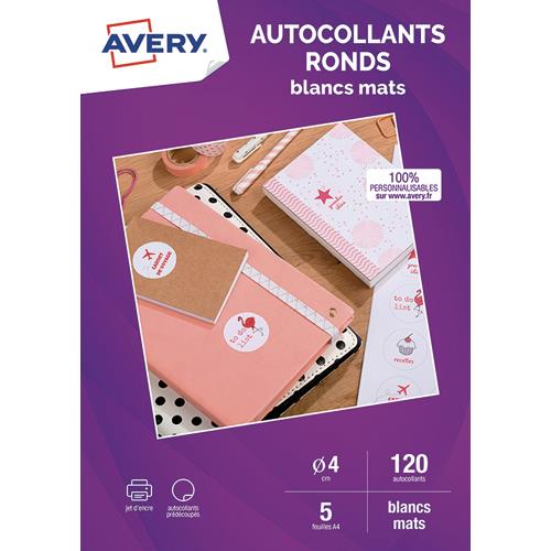[449494] AVERY Sachet de 120 autocollants ronds blanc mat. Diamètre 4cm. Impression jet d'encre