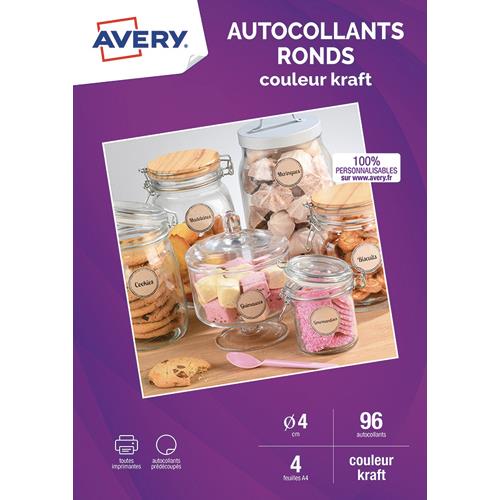 [449497] AVERY Sachet de 96 autocollants ronds kraft brun. Diamètre 4cm. Impression jet d'encre & laser
