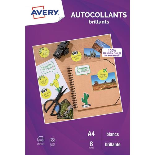 [449499] AVERY Sachet de 8 autocollants blancs brillants qualité photo A4. Impression jet d'encre