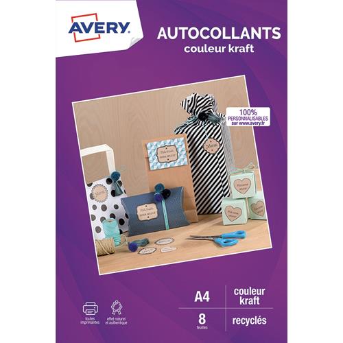 [449500] AVERY Sachet de 8 autocollants kraft brun recyclé A4. Impression jet d'encre et laser