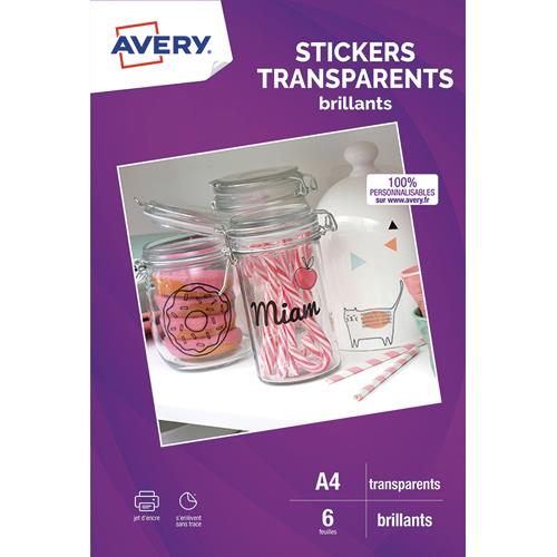 [449501] AVERY Sachet de 6 autocollants transparents A4. Impression jet d'encre
