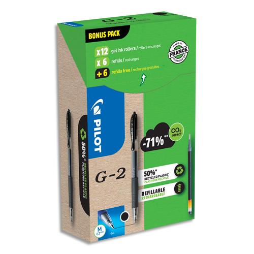 [449587] PILOT Pack de 12 rollers G2 encre gel + 12 recharges. Pointe moyenne 0,7mm. Coloris noir