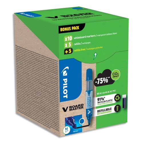 [449588] PILOT Pack VBOARD Master 10 marqueurs effaçables encre liquide +10 recharges. Pointe ogive. Coloris bleu