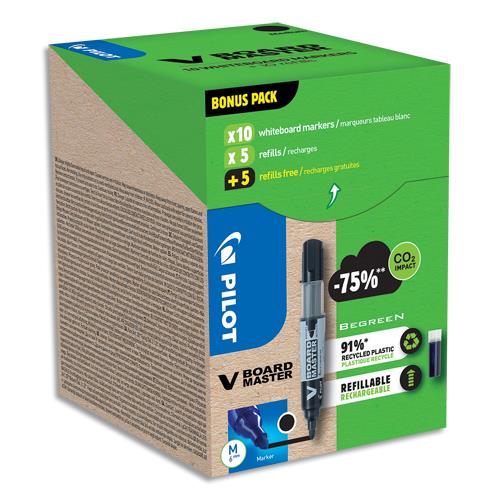 [449589] PILOT Pack VBOARD Master 10 marqueurs effaçables encre liquide +10 recharges. Pointe ogive. Coloris noir