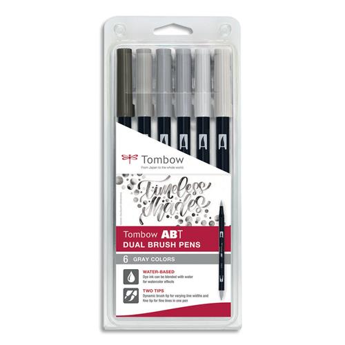 [449656] TOMBOW Set 6 ABT Dual Brush Pen, feutre avec pointe fine et pointe pinceau, à base d'eau, couleur gris.