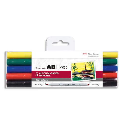 [449663] TOMBOW Set de 5 marqueur à base d'alcool ABT PRO, pointe en nylon et pointe biseautée, Couleur Primaire.