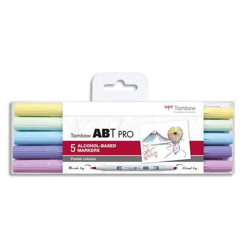 [449664] TOMBOW Set de 5 marqueur à base d'alcool ABT PRO, pointe en nylon et pointe biseautée, Couleur Pastel.