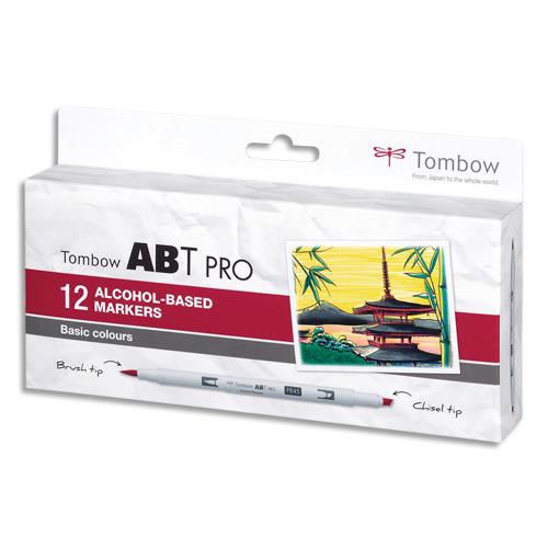 [449676] TOMBOW Set de 12 marqueur à base d'alcool ABT PRO, pointe en nylon et pointe biseautée, Couleur Primaire.