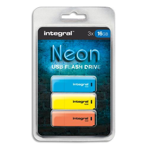 [449700] INTEGRAL Pack de 3 clés USB 2.0 16Go Bleue/Jaune/Orange INFD16GBNEONBLYLOR (dont eco-taxe de 0,03 €) (dont taxe copie privée de 4,50 €)