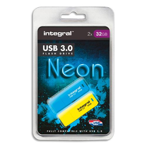 [449702] INTEGRAL Pack de 2 clés USB 3.0 32Go Bleu/Jaune INFD32GBNEON3.0BLYL (dont eco-taxe de 0,03 €) (dont taxe copie privée de 4,00 €)