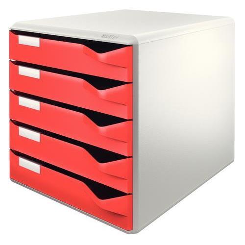 [450292] LEITZ Module de classement 5 tiroirs. Dim (lxhxp) : 32,6x32,1x32,6 cm. Structure Grise/Tiroirs Rouges