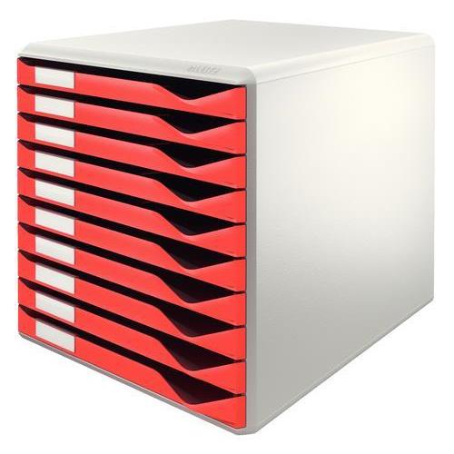 [450295] LEITZ Module de classement 10 tiroirs. Dim (lxhxp) : 28,7 x 29 x 35,5 cm. Structure grise/Tiroirs rouges
