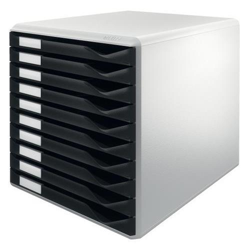 [450296] LEITZ Module de classement 10 tiroirs. Dim (lxhxp) : 28,7 x 29 x 35,5 cm. Structure Grise/Tiroirs noirs