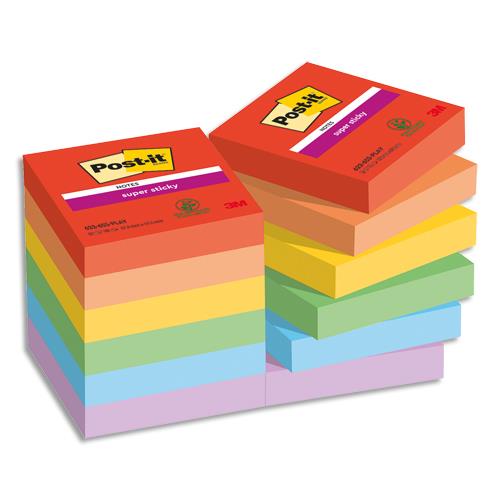 [450404] POST-IT® Notes Super Sticky Playful 47.6x47.6 mm. 12 blocs, 90F. Ass : rouge/orange/jaune/vert/bleu/vio.