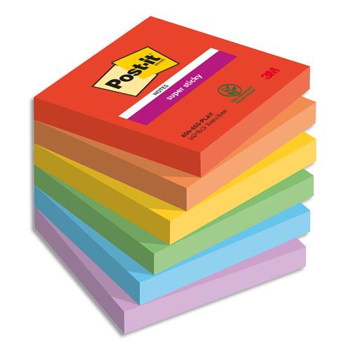 [450405] POST-IT® Notes Super Sticky Playful 76x76 mm. 6 blocs, 90F. Ass : rouge/orange/jaune/vert/bleu/violet.
