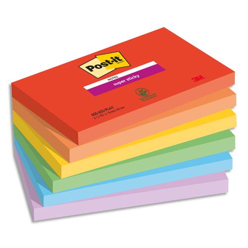 [450407] POST-IT® Notes Super Sticky Playful 76 x 127 mm. 6 blocs, 90F. Ass : rouge/orange/jaune/vert/bleu/violet.