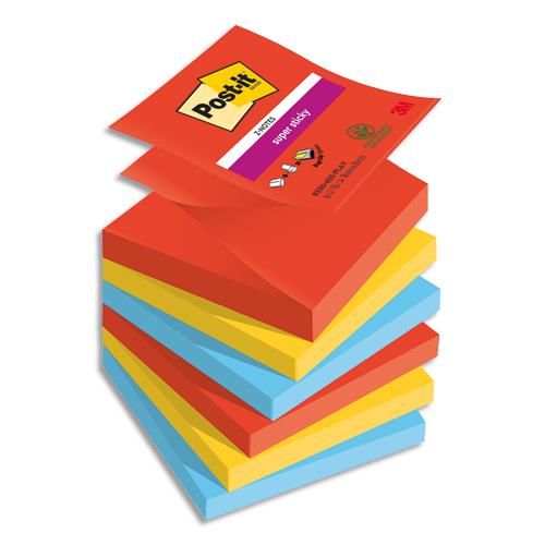 [450410] POST-IT® Z-Notes Super Sticky Playful 76x76 mm. 6 blocs, 90F. Ass : rouge/orange/jaune/vert/bleu/violet.