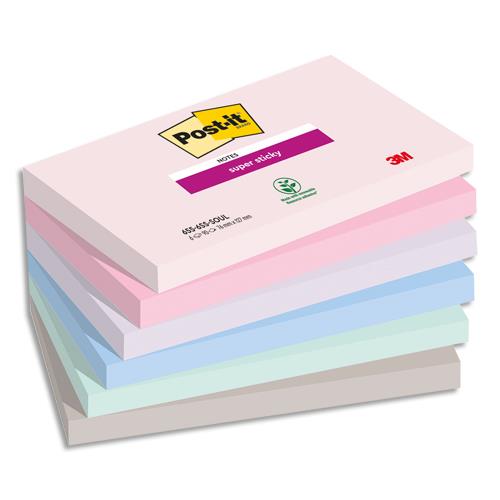 [450413] POST-IT® Notes Super Sticky Soulful. 76 x 127 mm. Lot de 6 blocs de 90 F. Ass : rose, bleu et vert.
