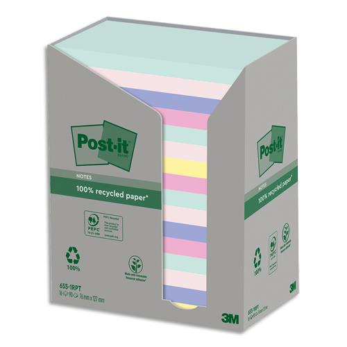 [450429] POST-IT® Notes Post-it Recyclées Nature. 76 x 127 mm. 16 blocs, 100 F. Ass : vert, rose, bleu, jaune.