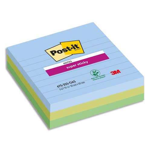 [450437] POST-IT® Notes Super Sticky Grand Format Lignées Oasis. 101 x 101 mm. 3 blocs, 70 F. Ass : bleu et vert.