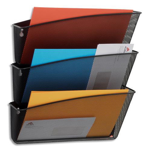 [450460] ALBA Set 3 corbeilles murales métal Mesh. Jusqu'au format A4+. Dim d'1 corb (lxhxp) : 35x17x12 cm. Noir