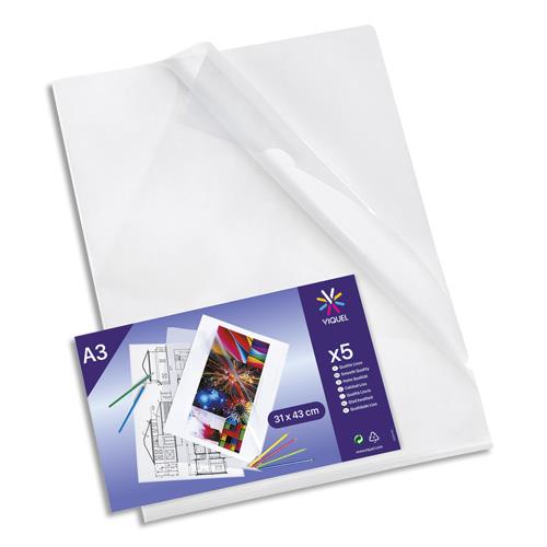 [450553] VIQUEL Sachet 5 pochettes coin A3 en polypropylène 20/100ème. Coloris incolore