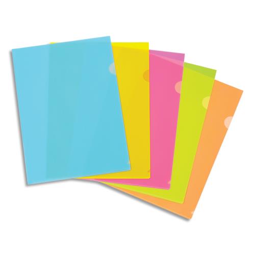 [450667] VIQUEL Sachet 10 pochettes coin A4 Happy Fluo en polypropylène 13/100ème. Coloris assortis