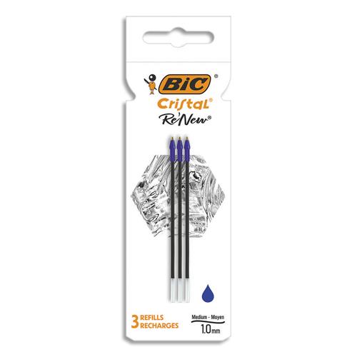 [450863] BIC Cristal Re'New Recharges pour Stylo-Bille Pointe Moyenne (1,0 mm) - Bleu, Etui Carton de 3